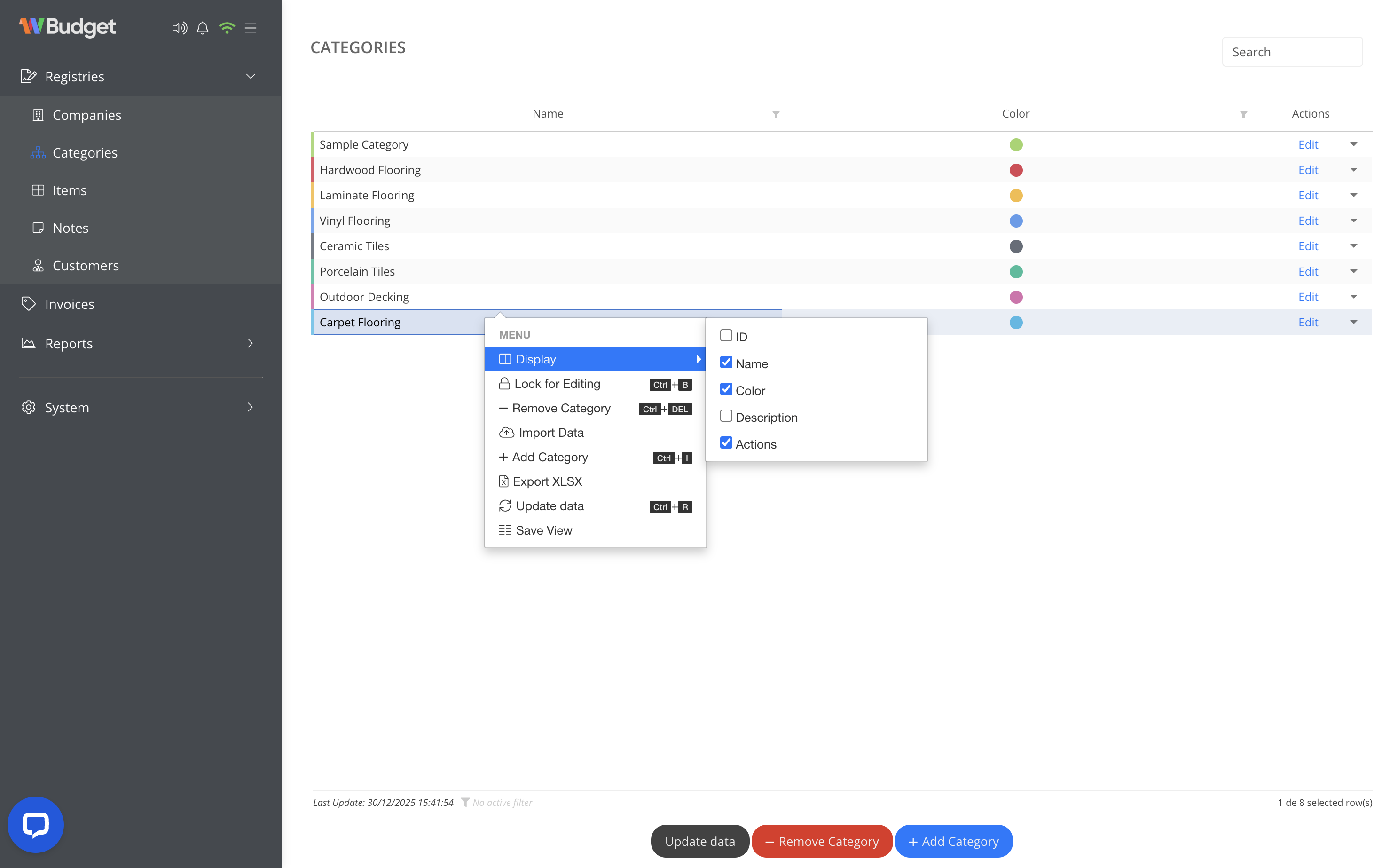 Categories list overview