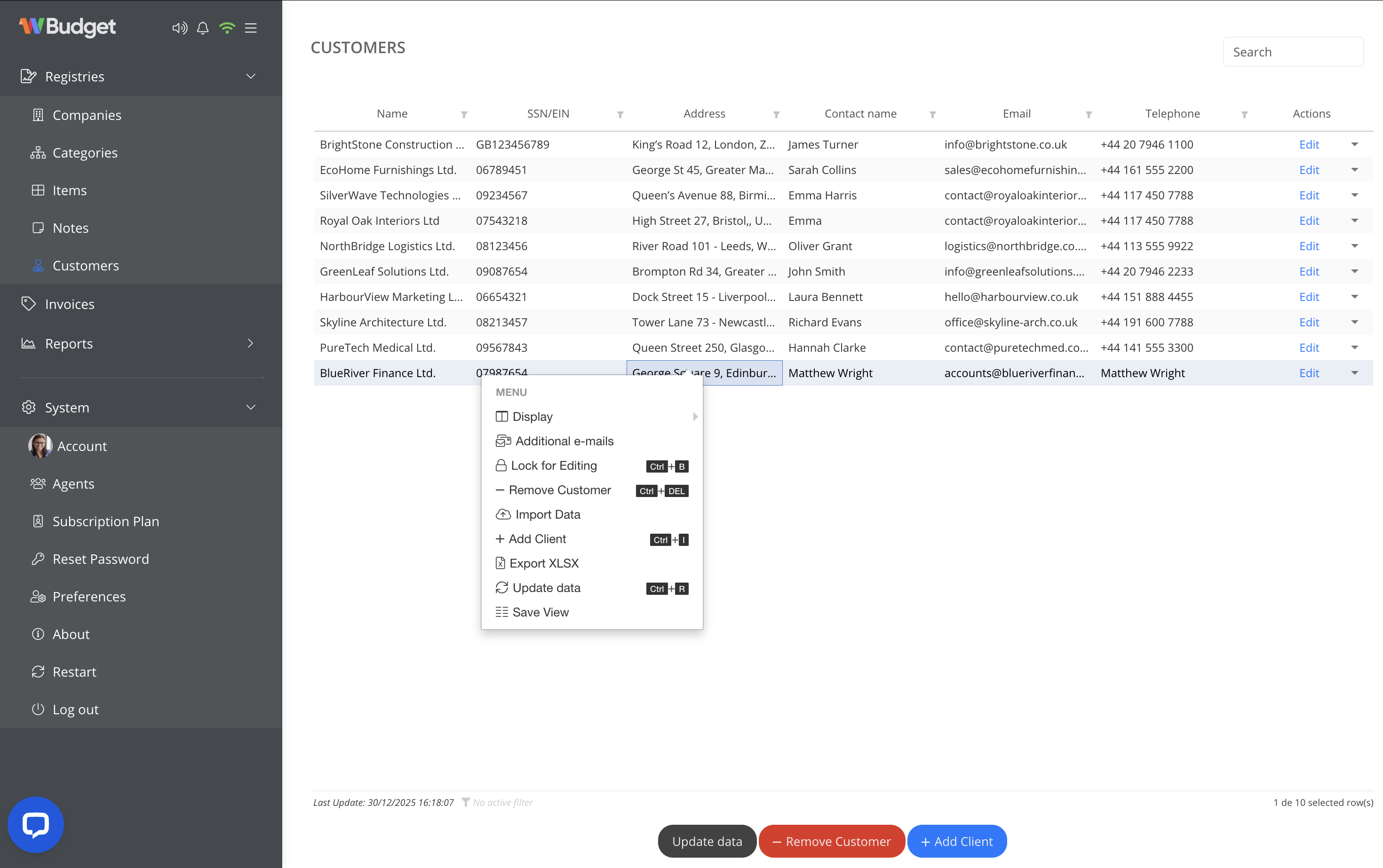 Customers table overview
