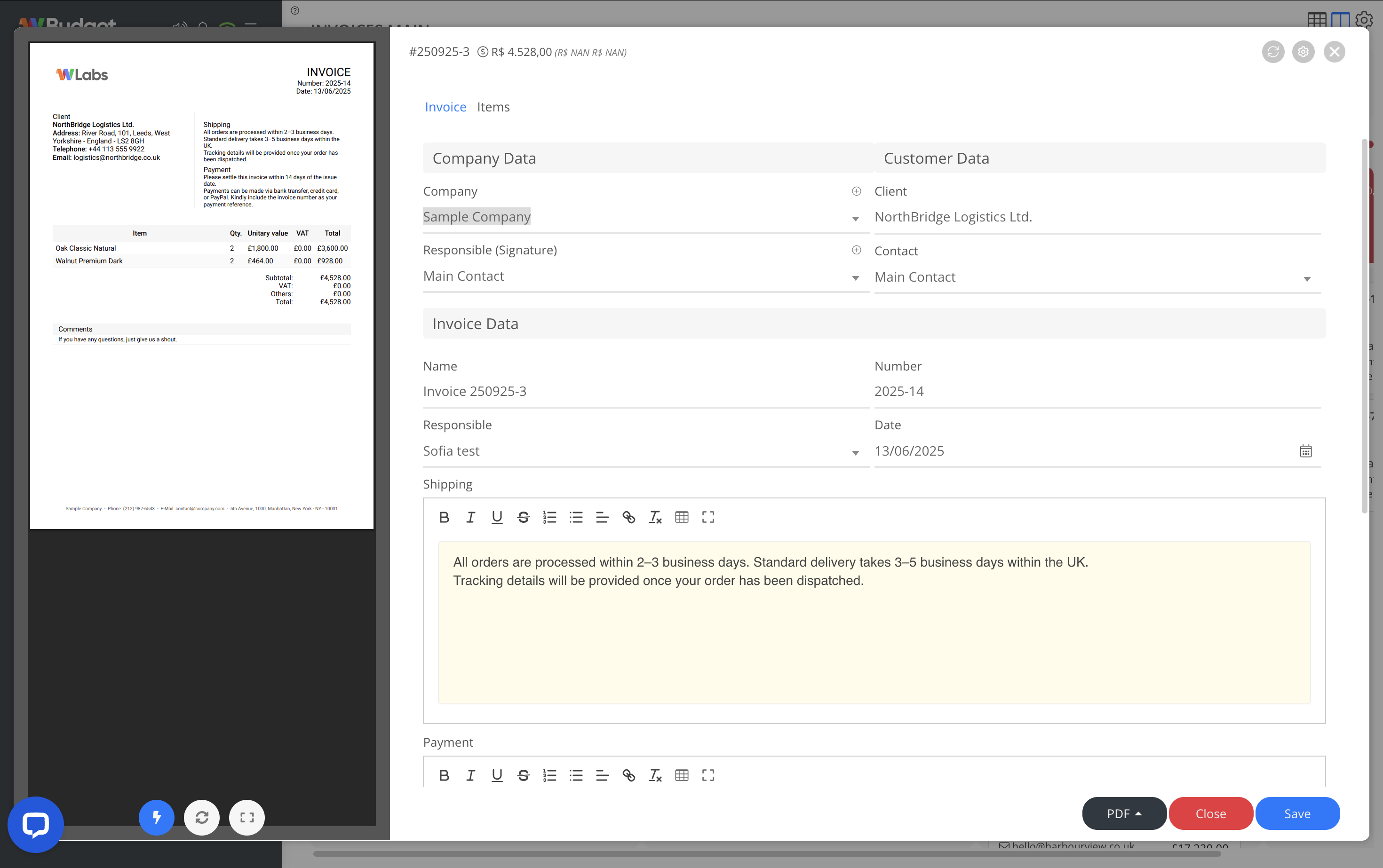 Invoice data editing