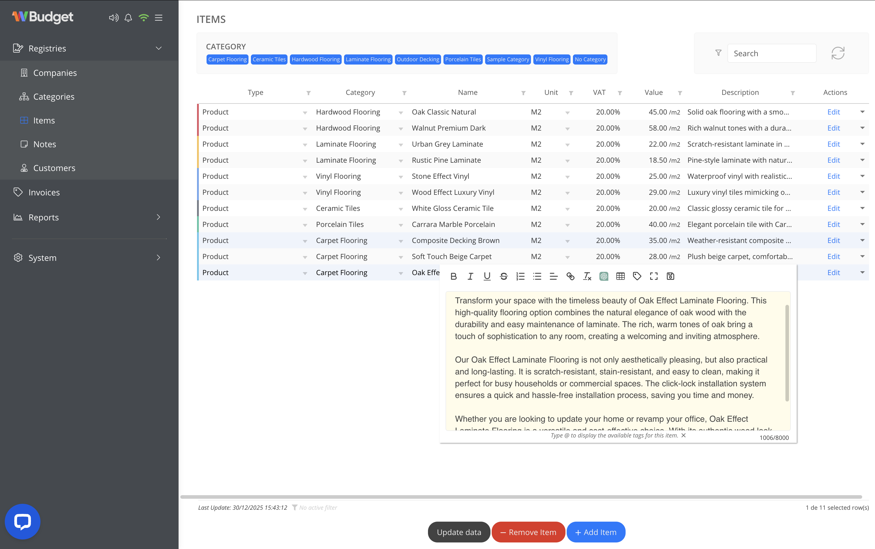 Editing item description