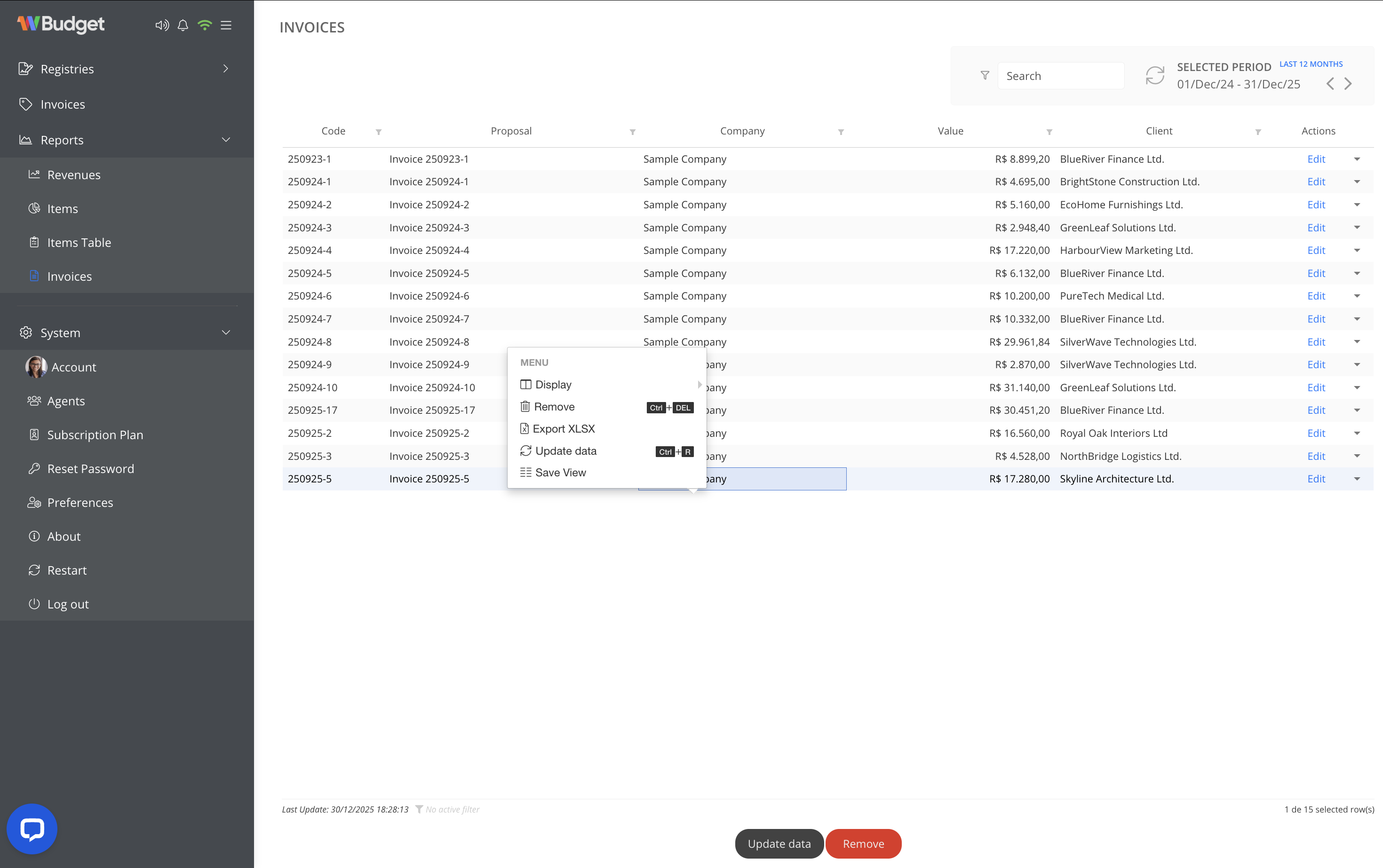 Reports – Invoices Table