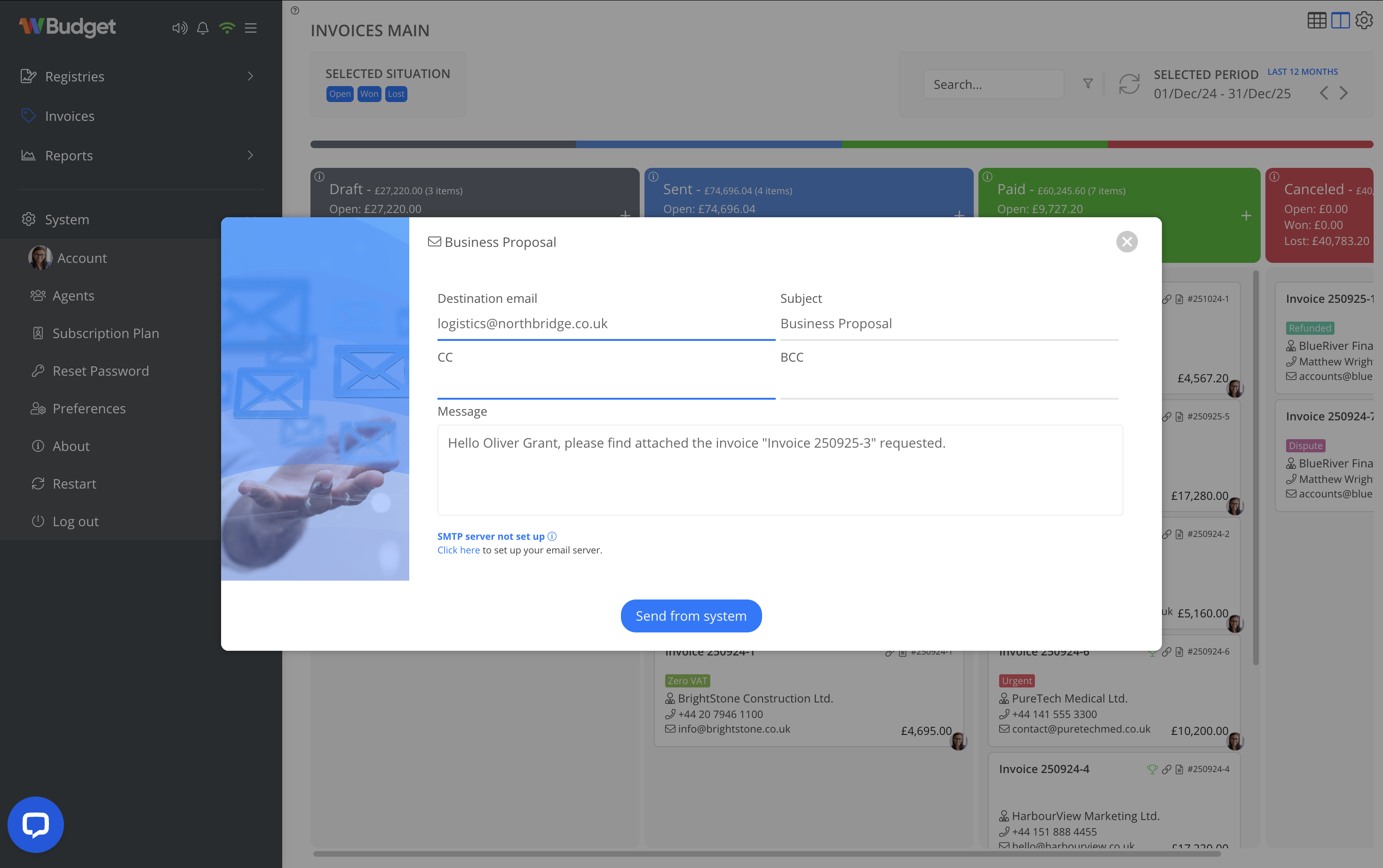 Invoice email editor